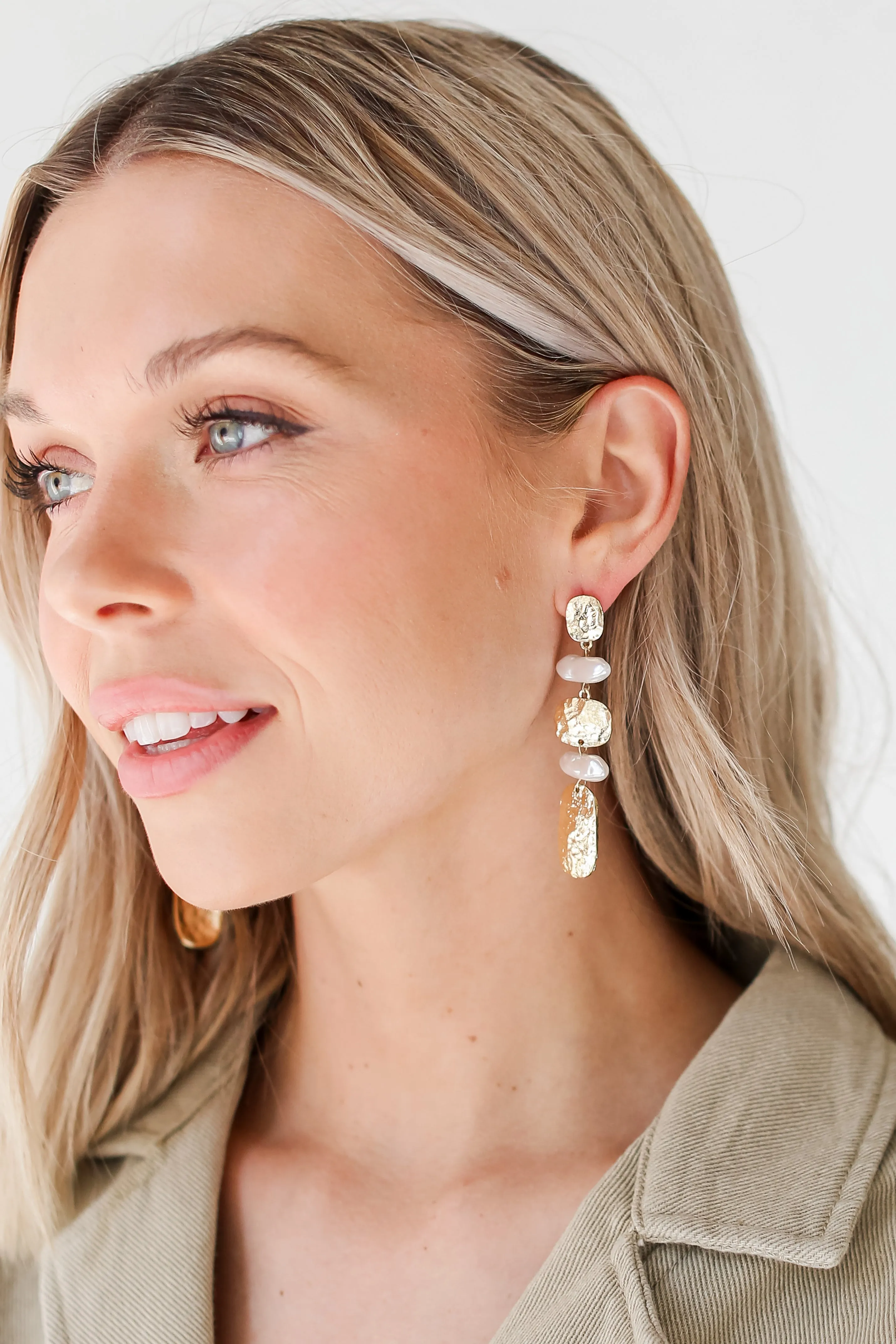 FINAL SALE - Laurel Gold Hammered Pearl Drop Earrings
