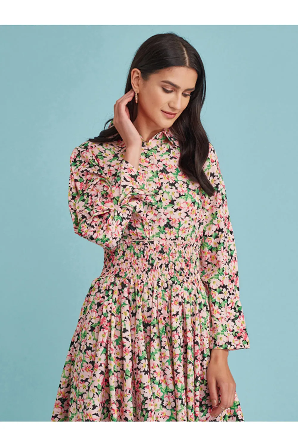 Floral Shirred Waistline Dress