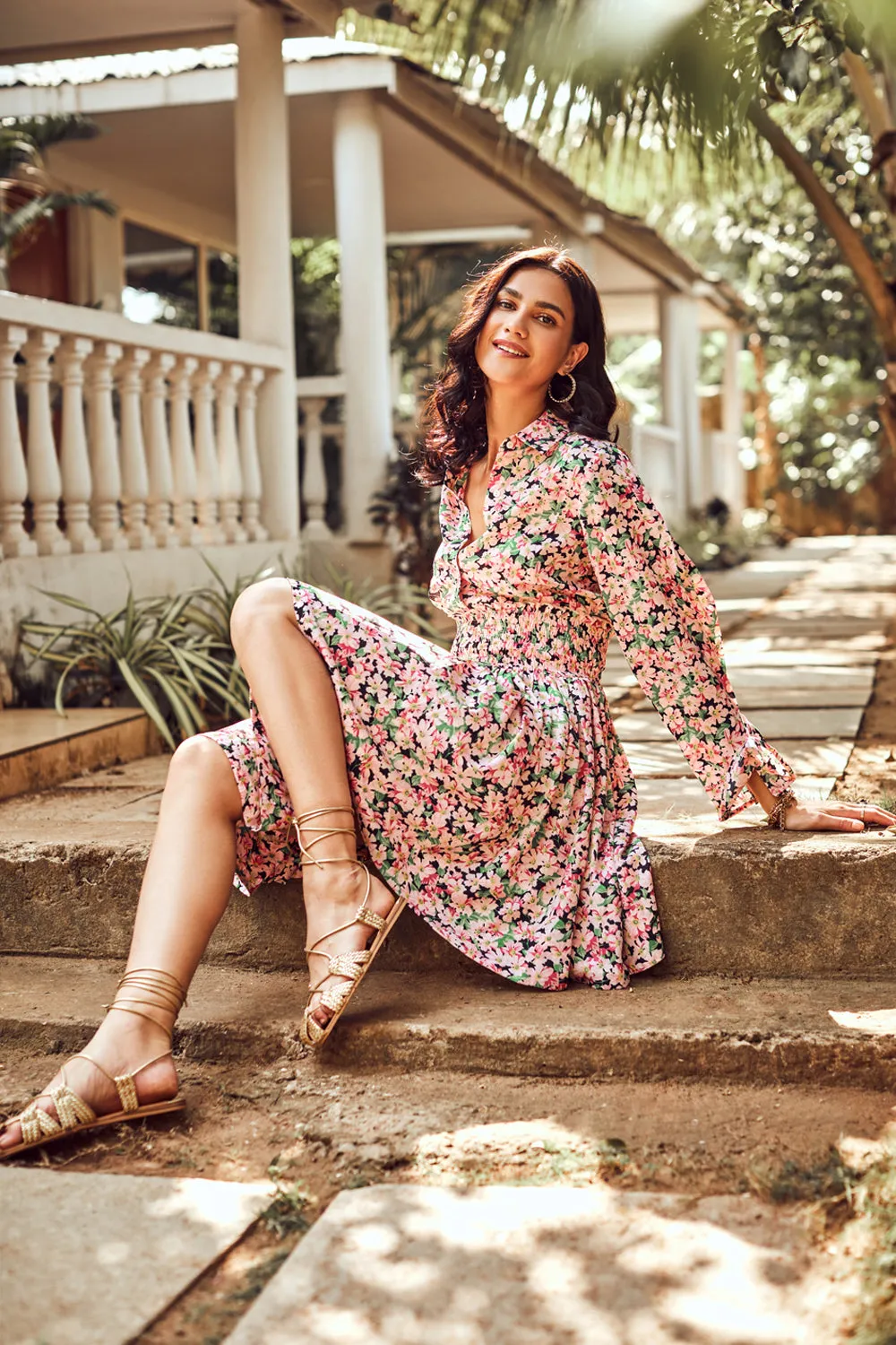 Floral Shirred Waistline Dress