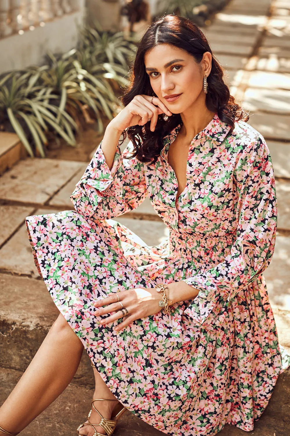 Floral Shirred Waistline Dress