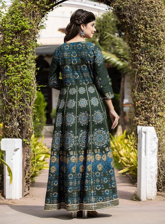 Green Floral Gold Printed Ethnic Gown (Pack Of 1)