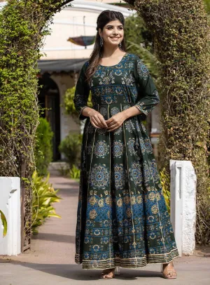 Green Floral Gold Printed Ethnic Gown (Pack Of 1)