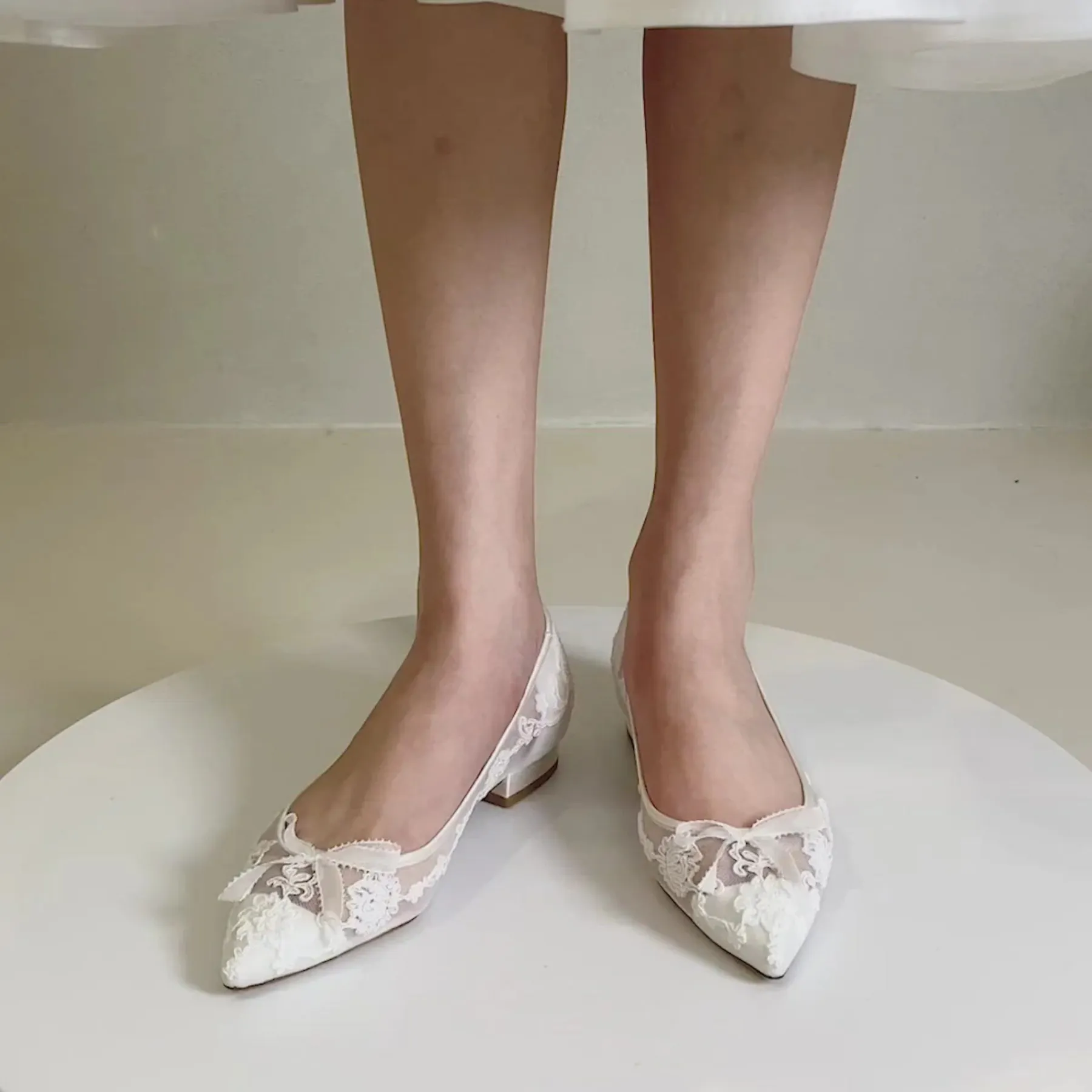 Isabella - Floral Appliqué Lace Wedding Flats with Petite Picot Ribbon Bow - Ivory