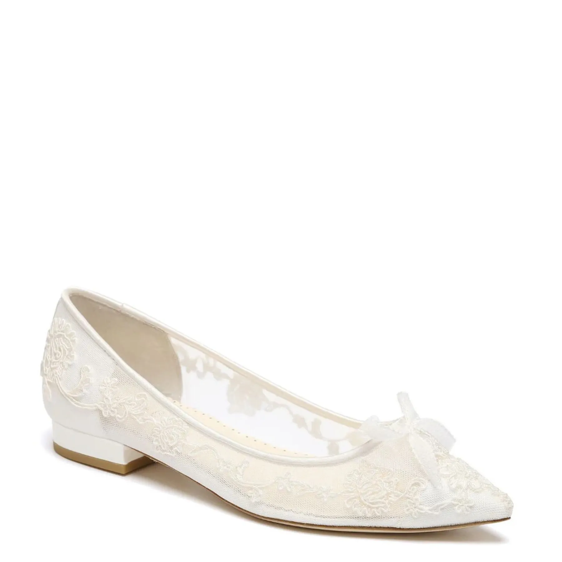 Isabella - Floral Appliqué Lace Wedding Flats with Petite Picot Ribbon Bow - Ivory