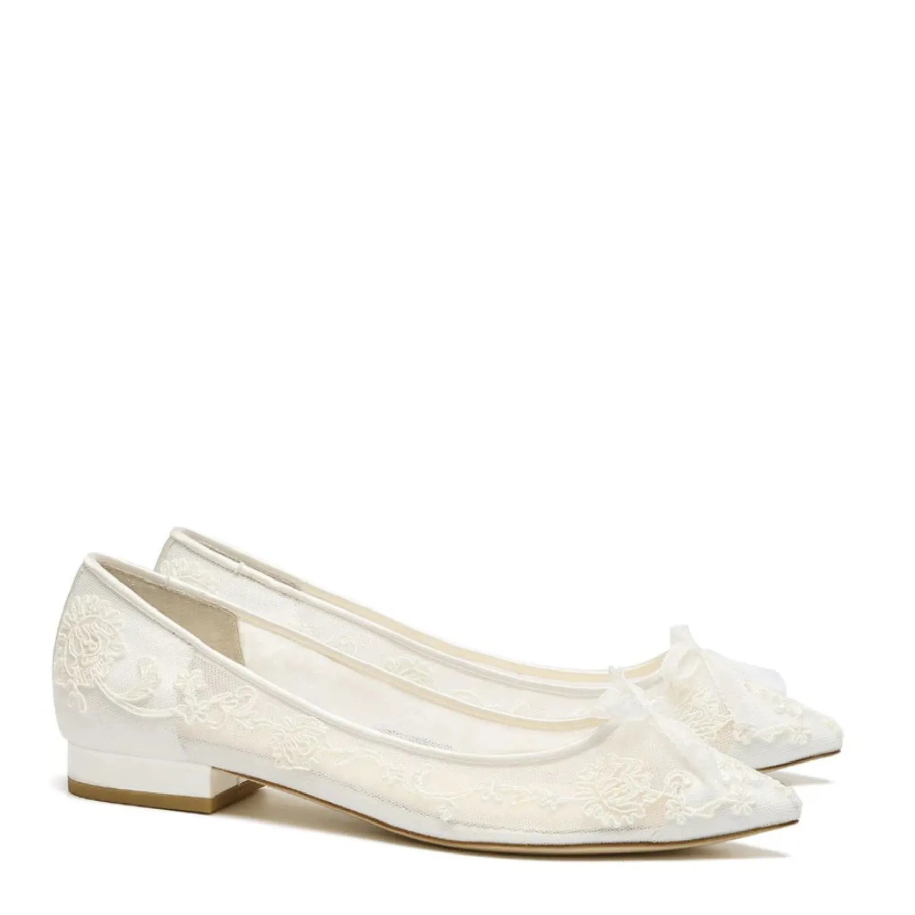 Isabella - Floral Appliqué Lace Wedding Flats with Petite Picot Ribbon Bow - Ivory