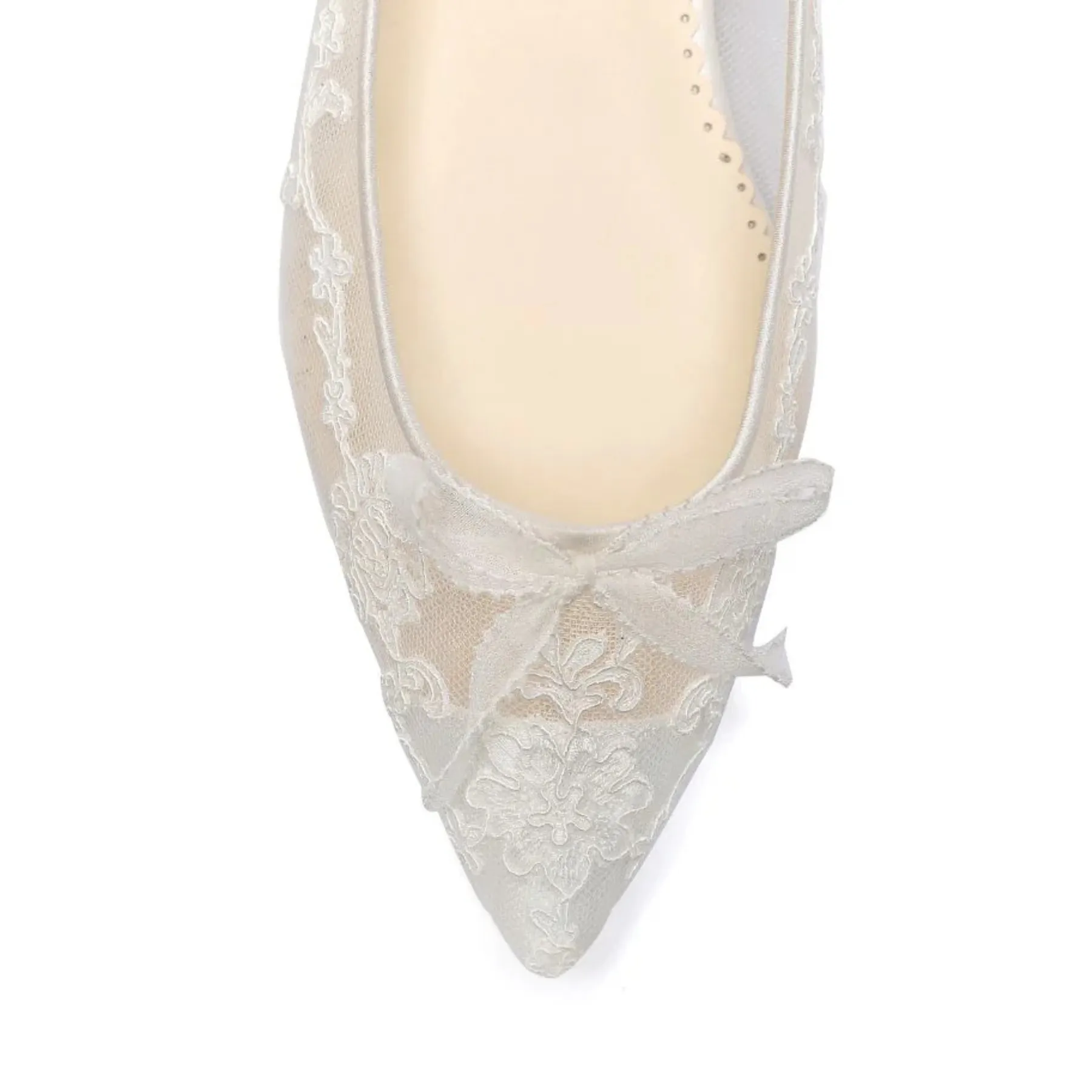 Isabella - Floral Appliqué Lace Wedding Flats with Petite Picot Ribbon Bow - Ivory