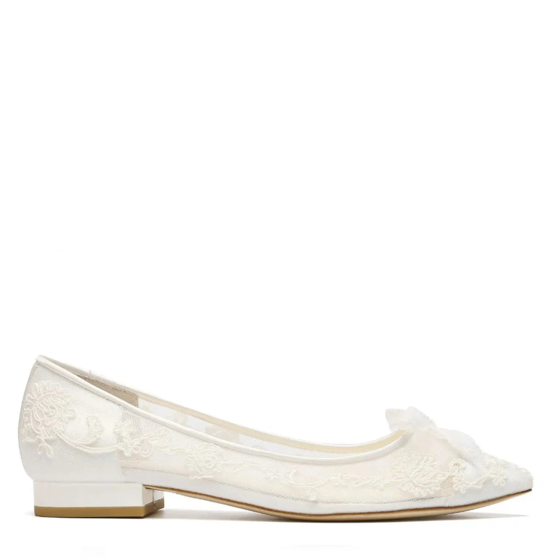 Isabella - Floral Appliqué Lace Wedding Flats with Petite Picot Ribbon Bow - Ivory