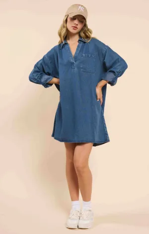 It's Pouring Collar Denim Dress - Dark Chambray