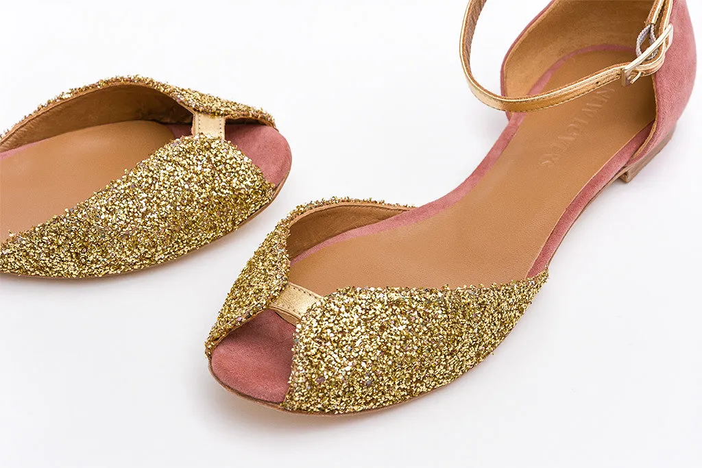 JULIETTE Glitter Gold Flat Peep Toe