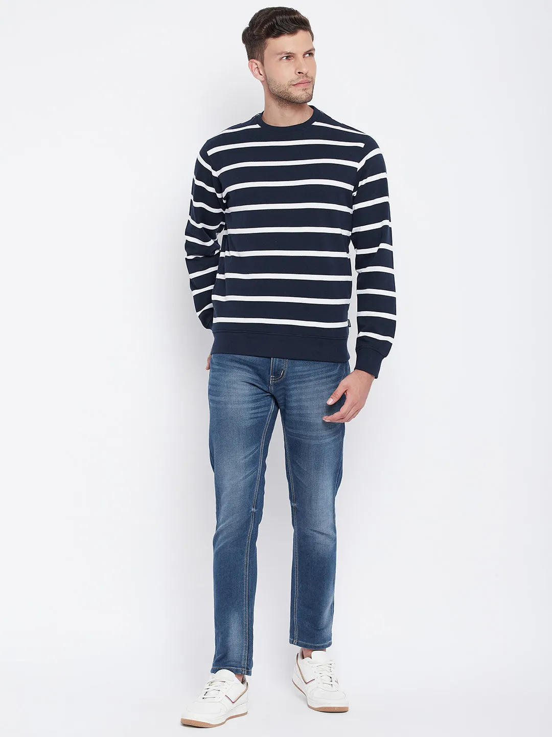 Navy Blue Striped Round Neck Sweatshirt