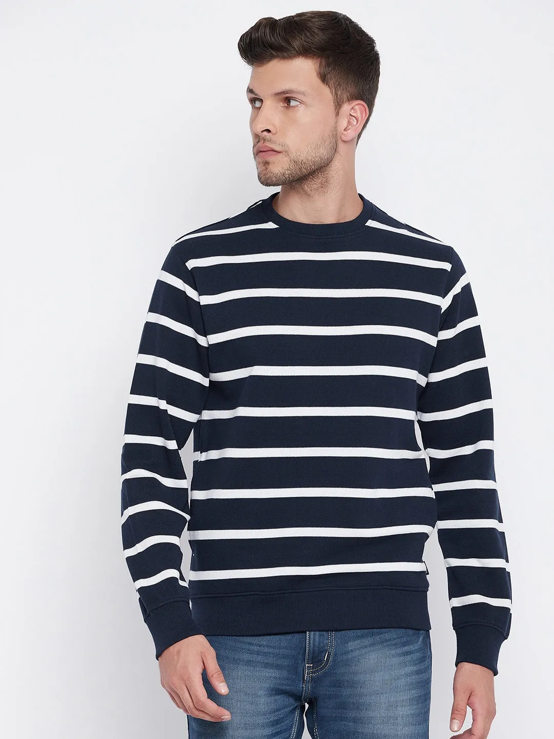Navy Blue Striped Round Neck Sweatshirt
