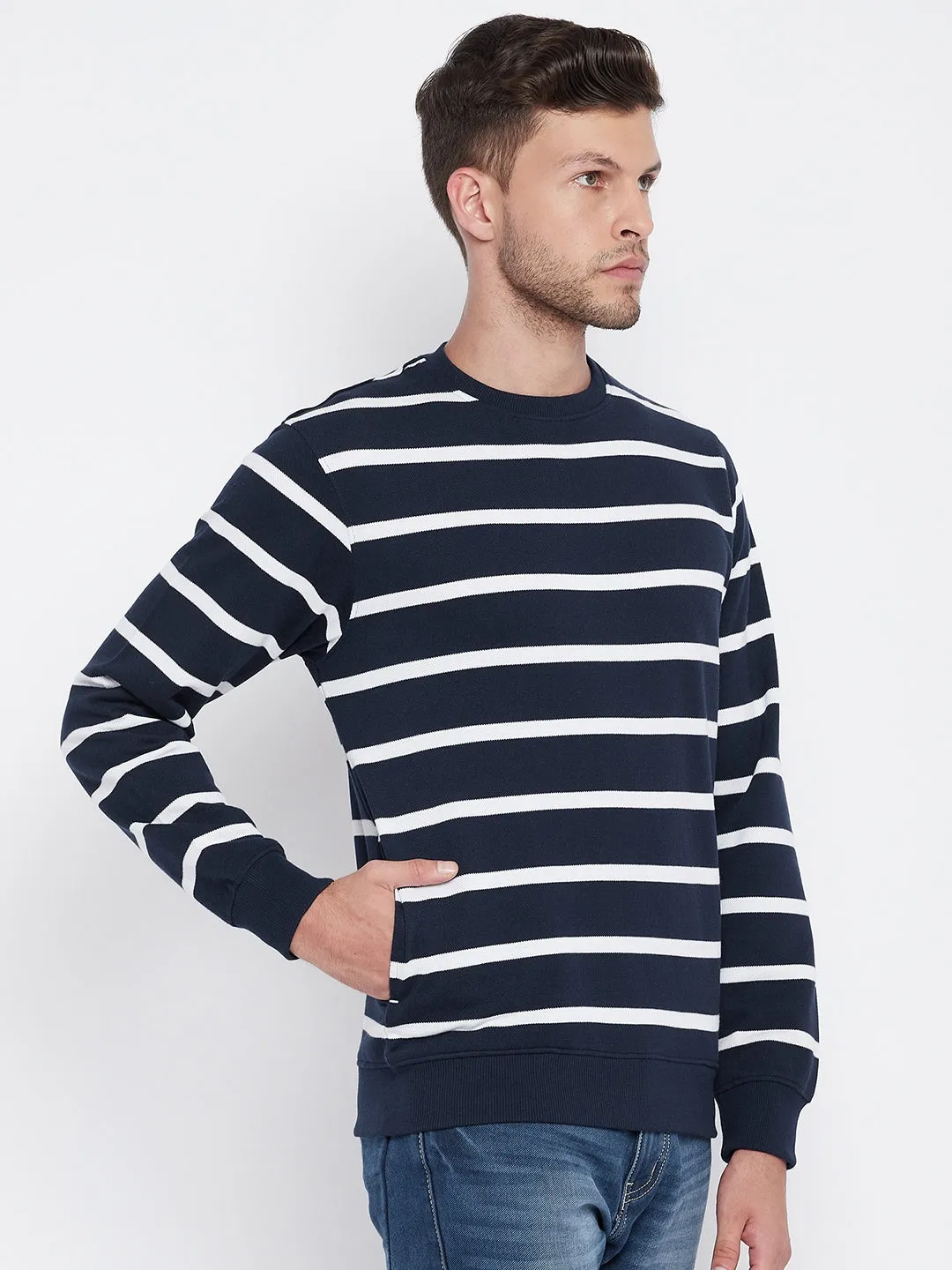 Navy Blue Striped Round Neck Sweatshirt