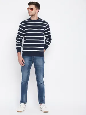 Navy Blue Striped Round Neck Sweatshirt