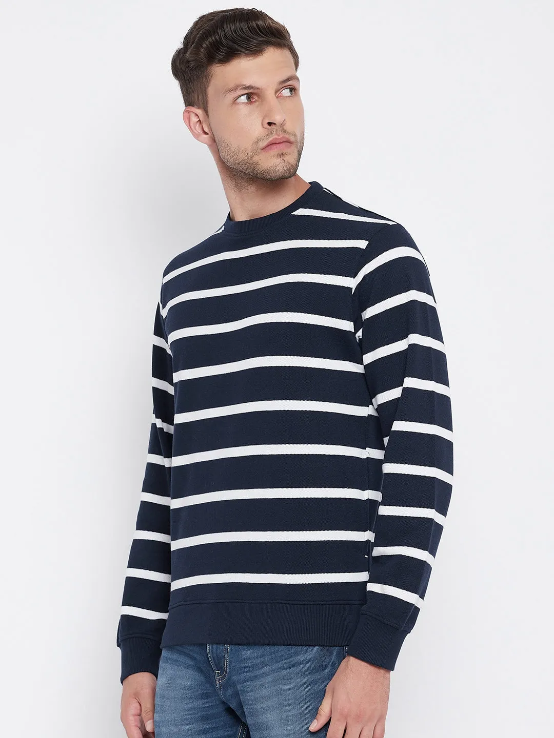 Navy Blue Striped Round Neck Sweatshirt