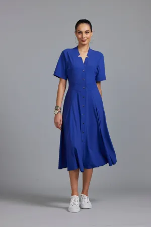 Paula Ryan Notched Neck Dome Front Shirtdress - Greek Blue
