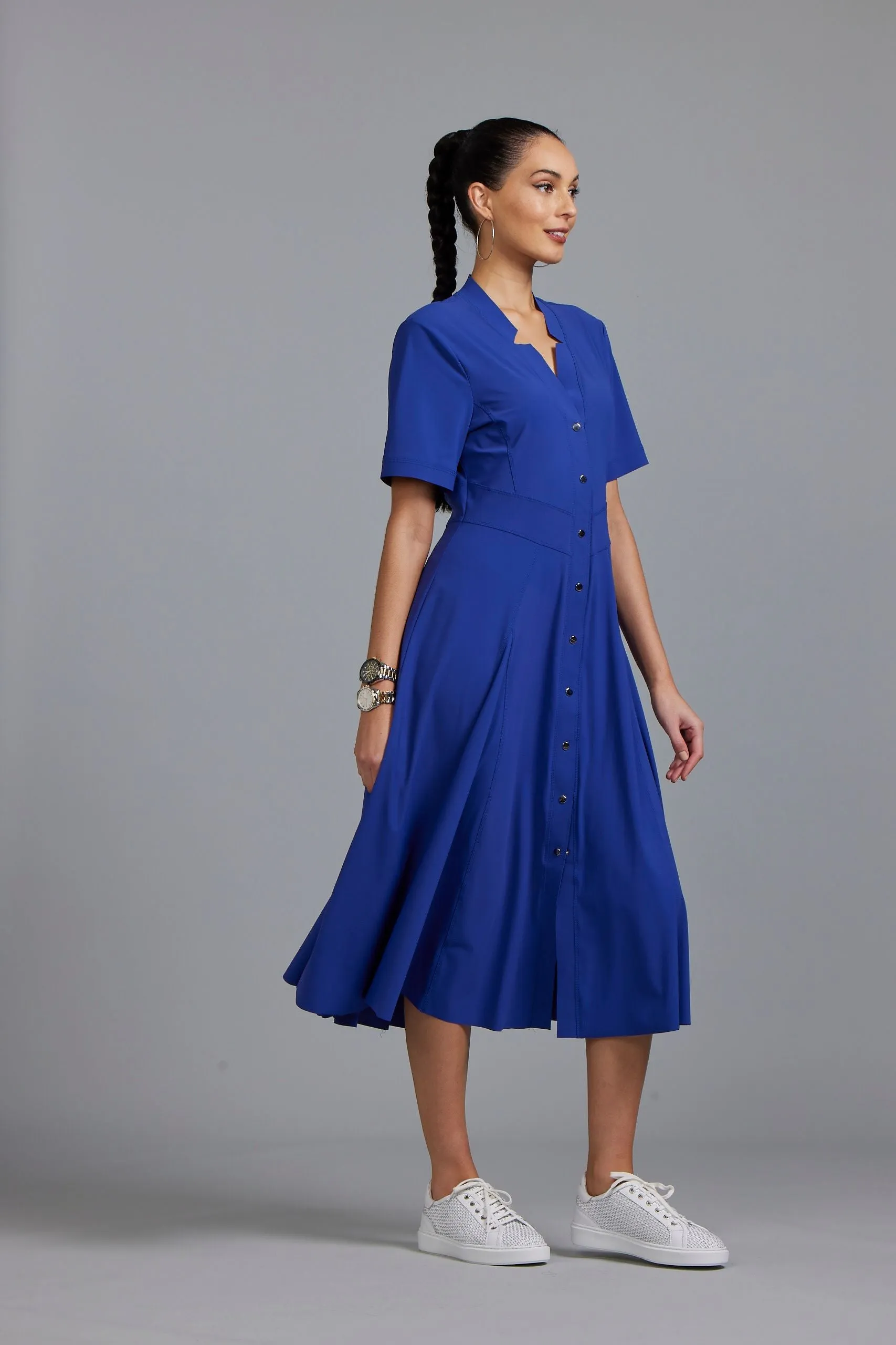 Paula Ryan Notched Neck Dome Front Shirtdress - Greek Blue
