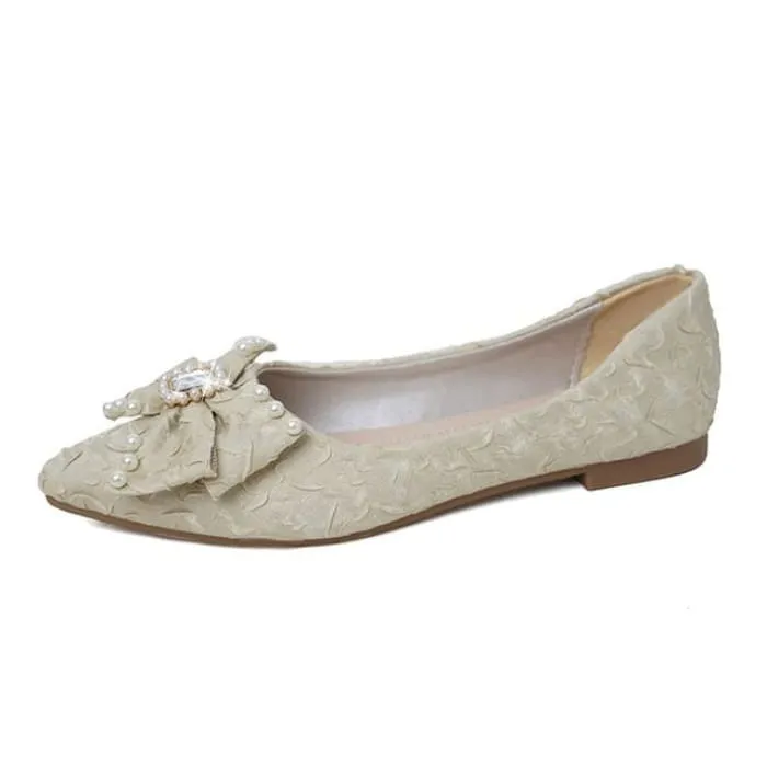 Pointed Toe Rhinestone Faux Pearl Bow Flats