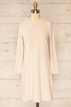 Seia Beige | Long Sleeve Ribbed Short Dress