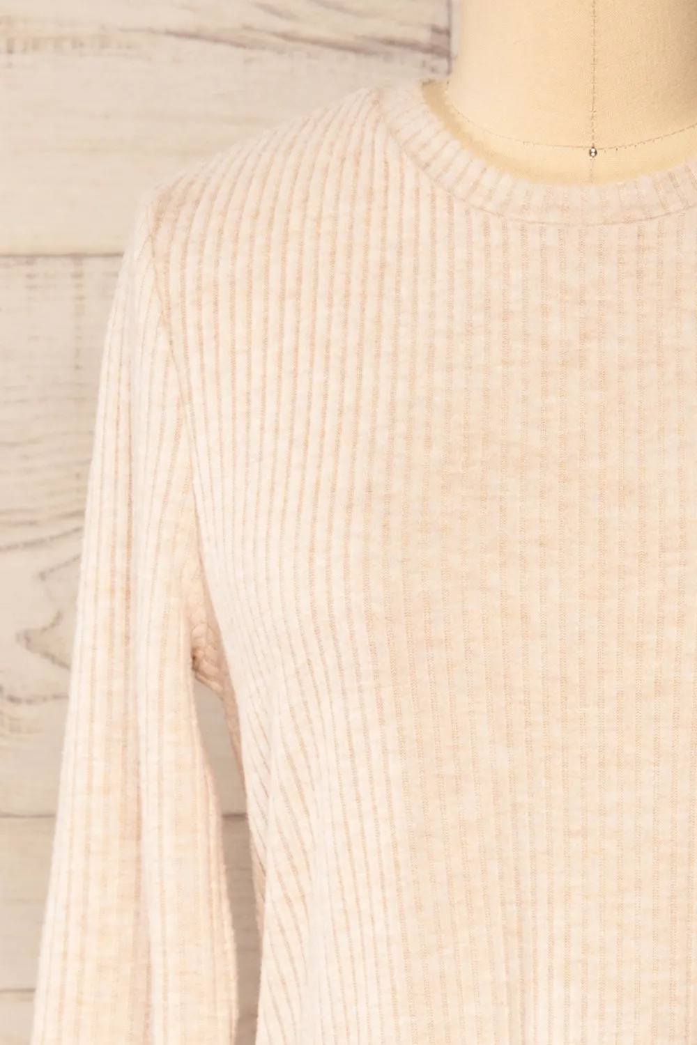 Seia Beige | Long Sleeve Ribbed Short Dress