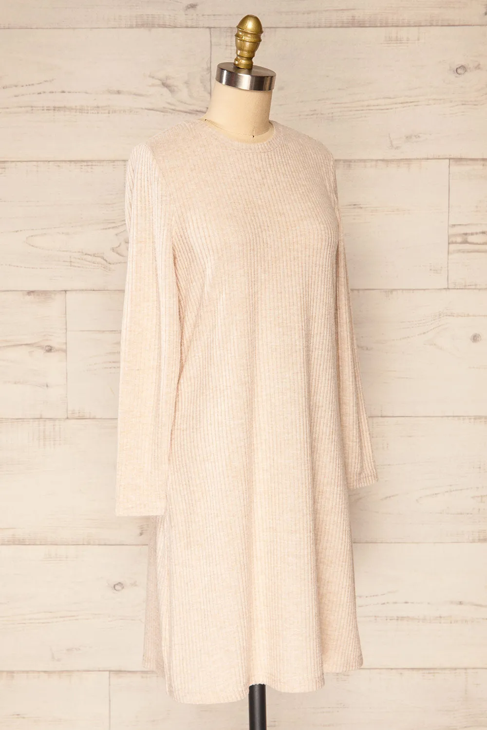 Seia Beige | Long Sleeve Ribbed Short Dress