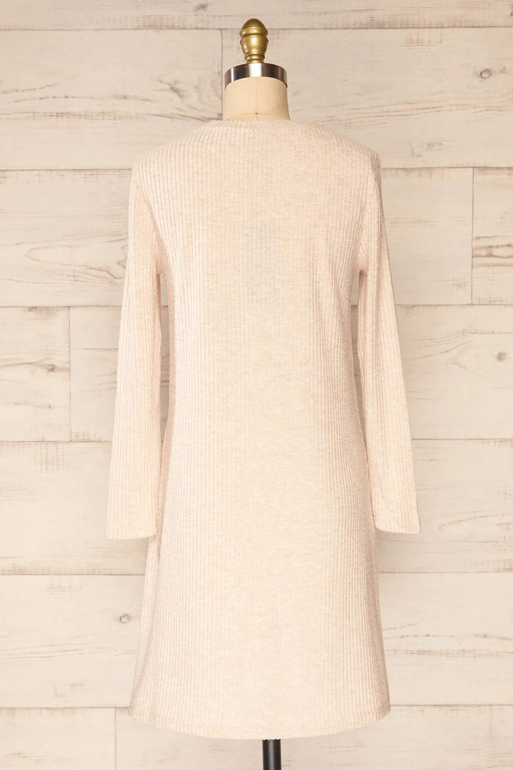 Seia Beige | Long Sleeve Ribbed Short Dress