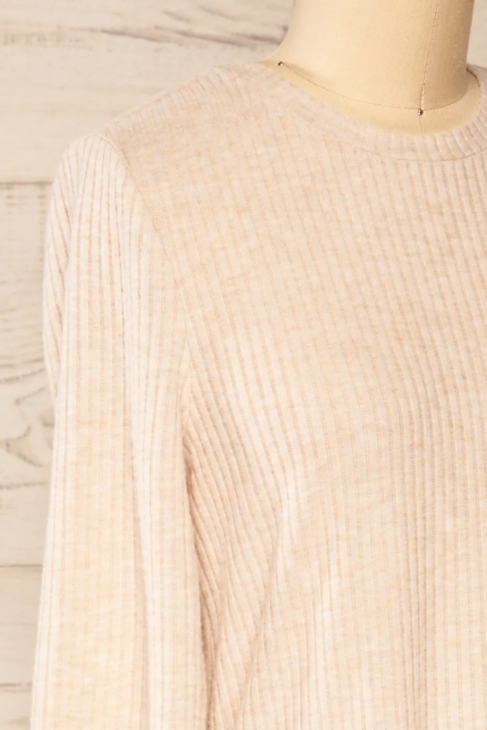 Seia Beige | Long Sleeve Ribbed Short Dress