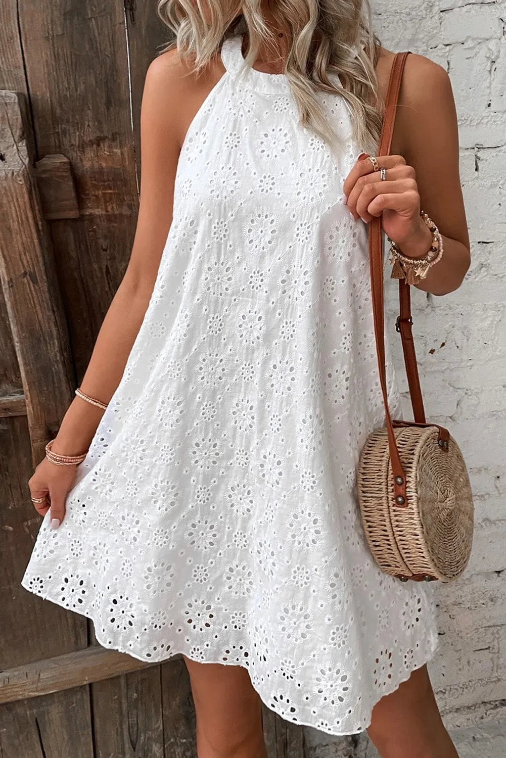 White Lace Eyelet Sleeveless O-Neck Keyhole Back Mini Dress