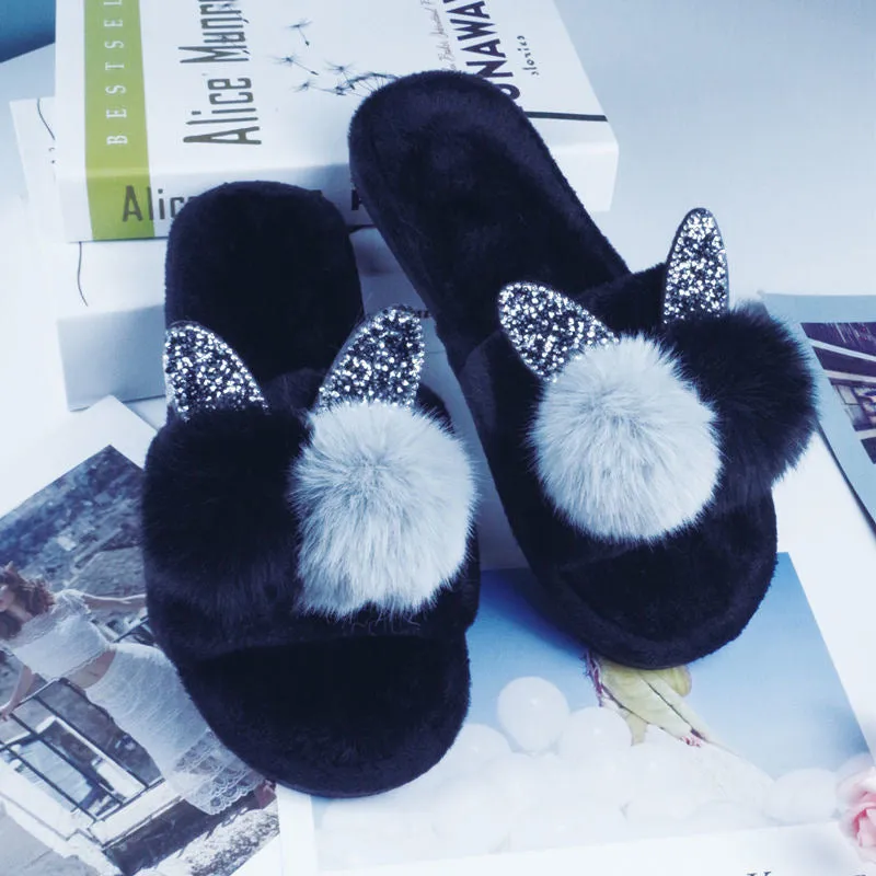 Women's Autumn and Winter Bunny Fur Slippers – Non-Slip Open-Toe Plush Flat Slippers for Outdoor Wear, Student Lazy Fashion, Trendy Fairy Style