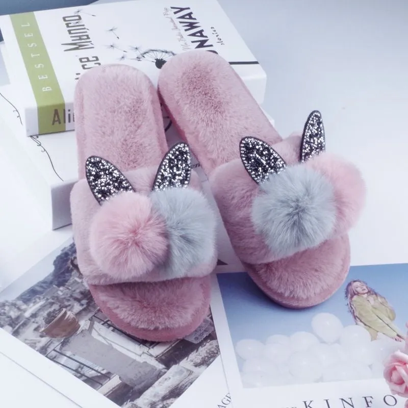 Women's Autumn and Winter Bunny Fur Slippers – Non-Slip Open-Toe Plush Flat Slippers for Outdoor Wear, Student Lazy Fashion, Trendy Fairy Style