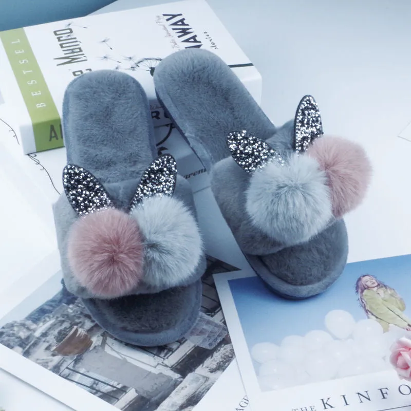 Women's Autumn and Winter Bunny Fur Slippers – Non-Slip Open-Toe Plush Flat Slippers for Outdoor Wear, Student Lazy Fashion, Trendy Fairy Style